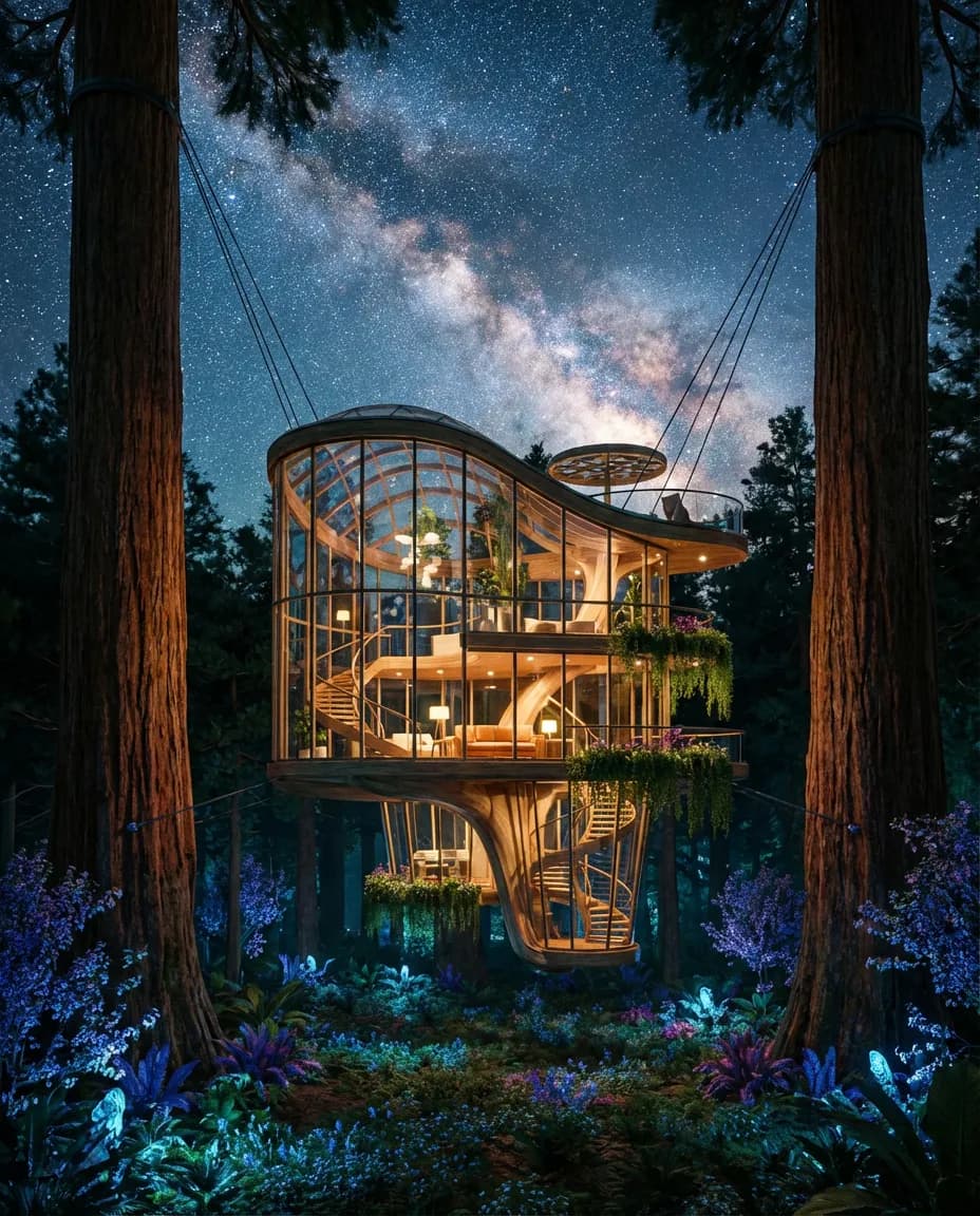 Futuristic glass treehouse at night