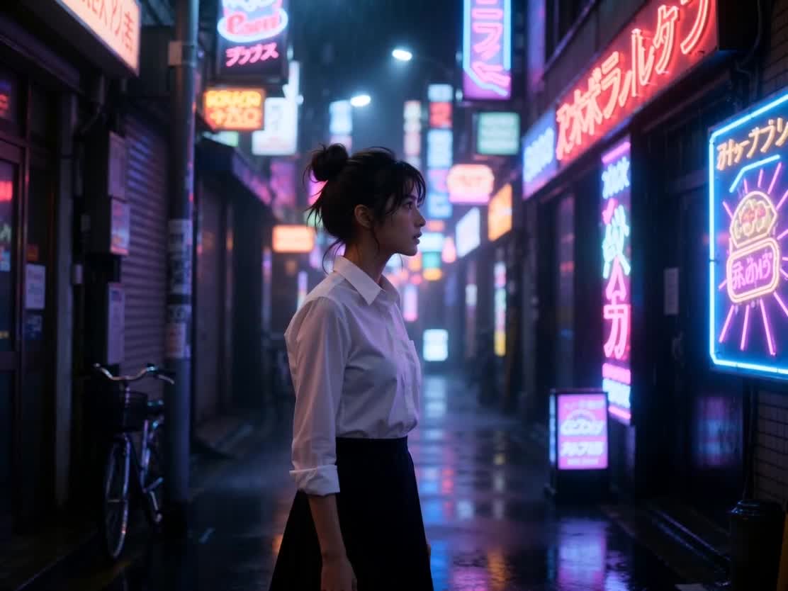 Young woman walking through neon city alley