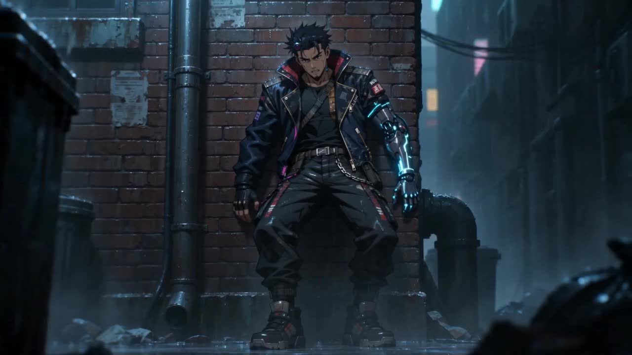 Cyborg Anime Character in Dark Alley