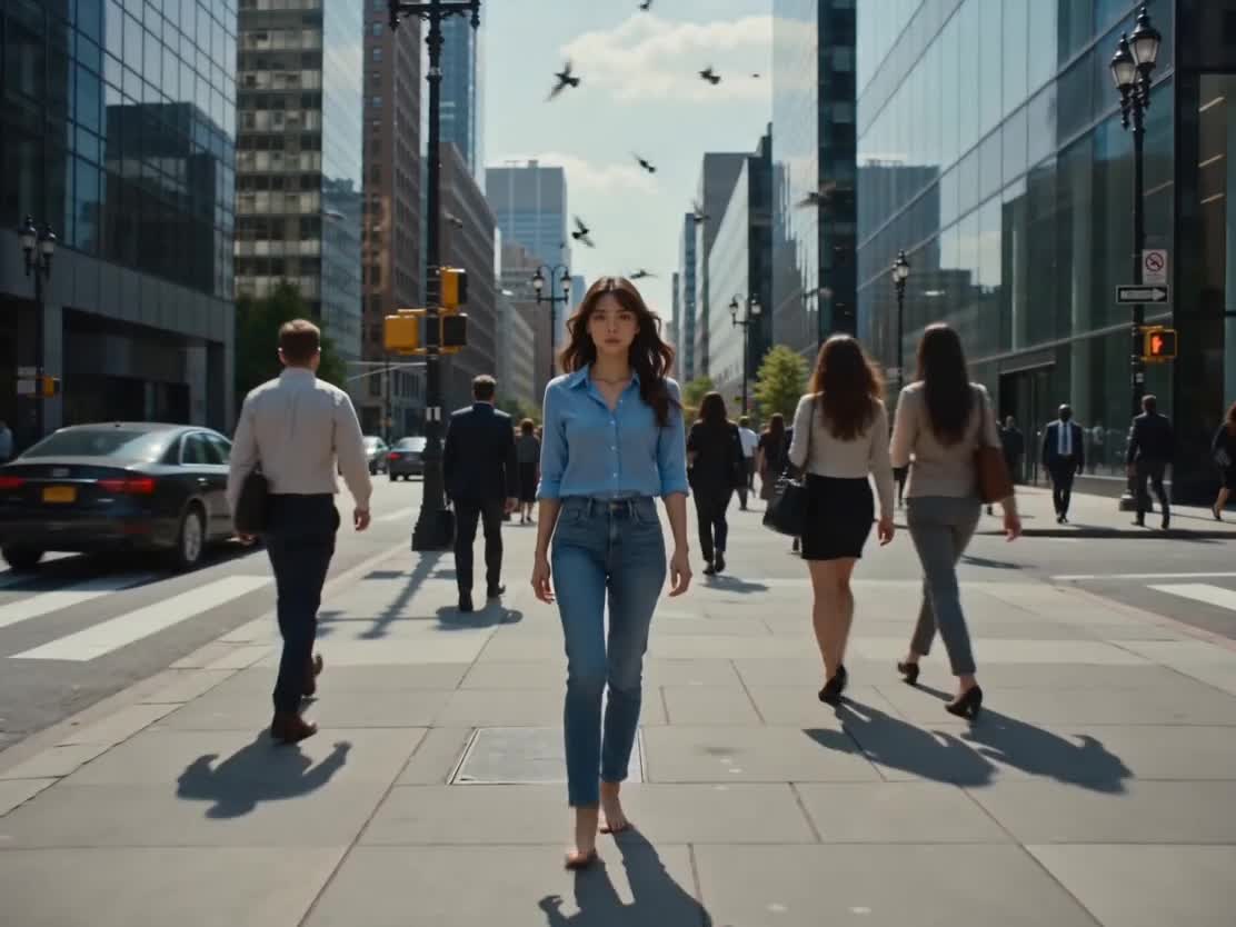 Confident woman walking through busy city street