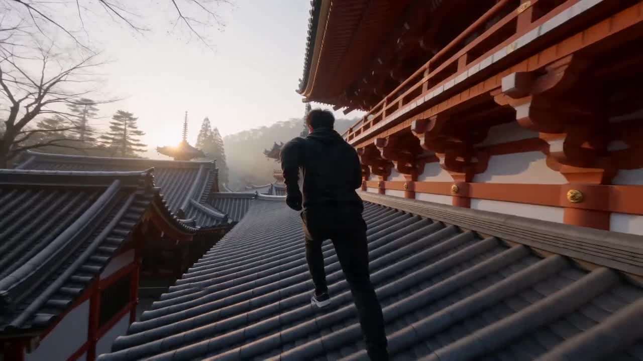 Man running across traditional temple roofs