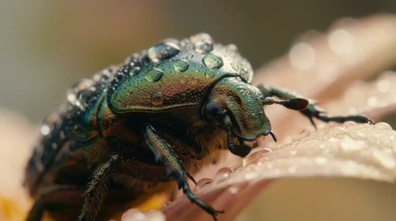 Macro view of an iridescent green beetle covered in water droplets on a petal