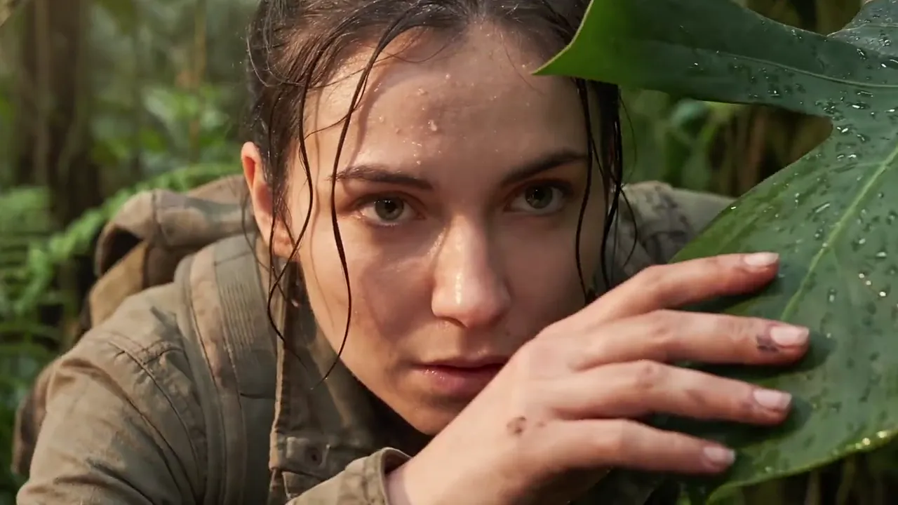 A rain-soaked woman looking out from behind a large jungle leaf
