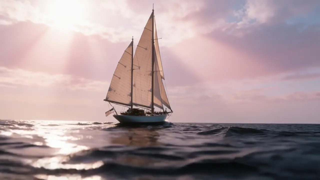 A two-masted sailboat on open sea under pink clouds and sunbeams, seen from the waterline