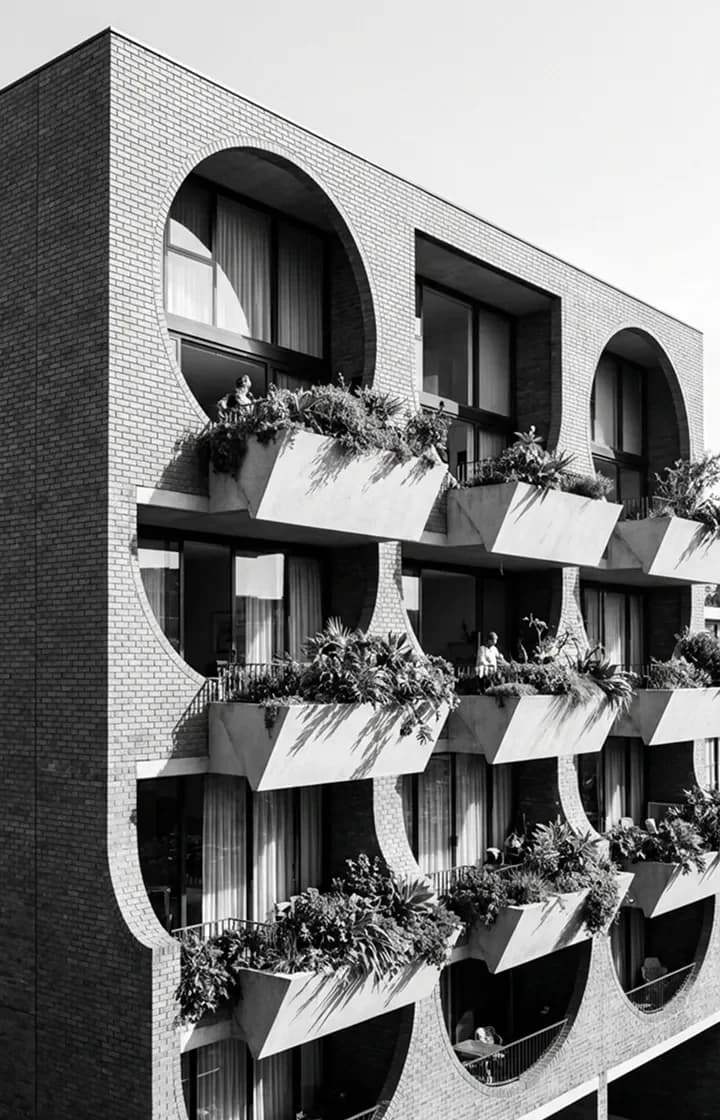 Black-and-white photo of a brick building with curved balconies full of plants