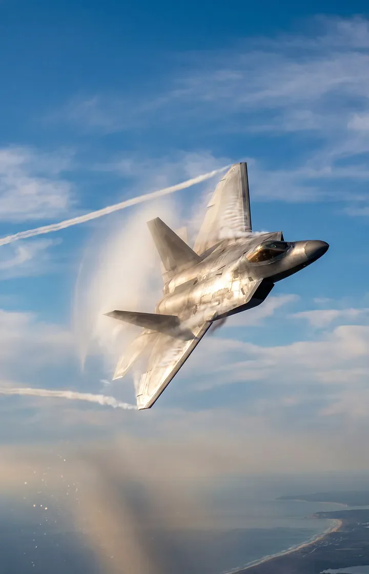 A fighter jet banking above a coastline with vapor around its wings