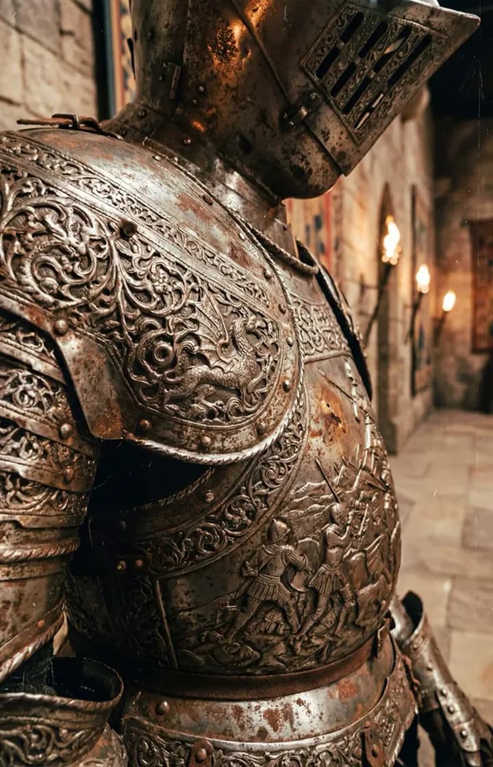 Close-up of ornate engraved plate armor in a torch-lit castle corridor