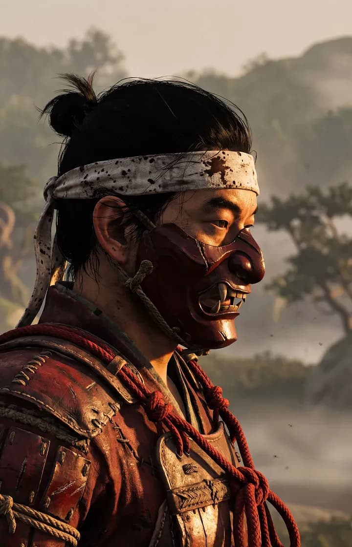 A samurai in red armor with a red oni half-mask and a stained white headband