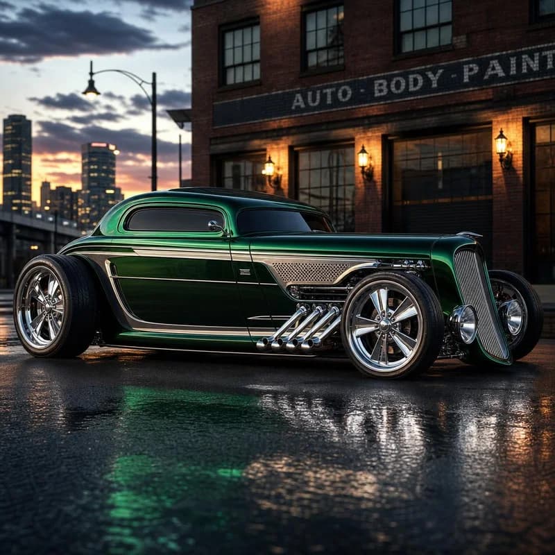 Experience the mastery of craftsmanship with a striking custom hot rod, featuring sweeping curves, layered metallic finishes, and intricate detailing highlighted by dramatic lighting and reflective textures.