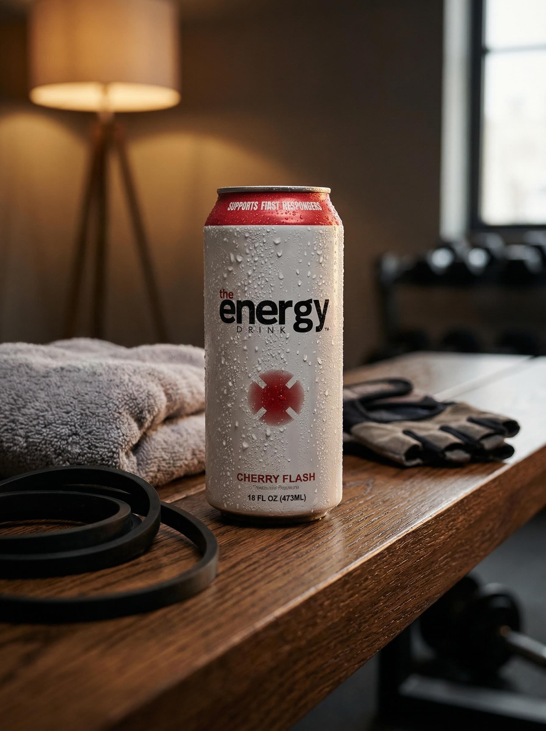 Cold Energy Drink Can on Gym Bench