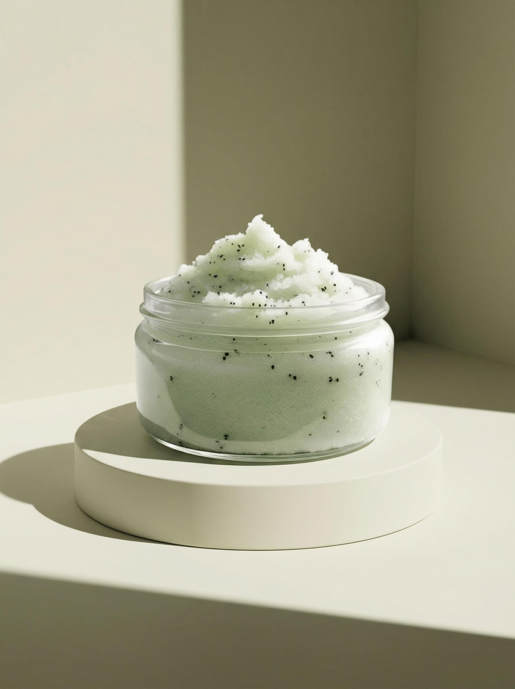 Minimalist sage green body scrub on pedestal