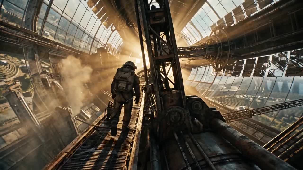Astronaut Walking Across Industrial Space Station