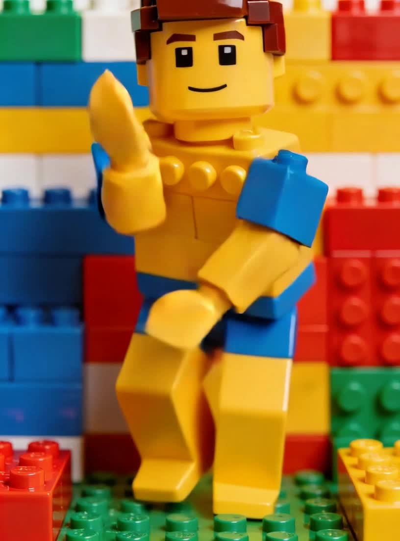 Energetic Toy Figure Dancing on Plastic Blocks