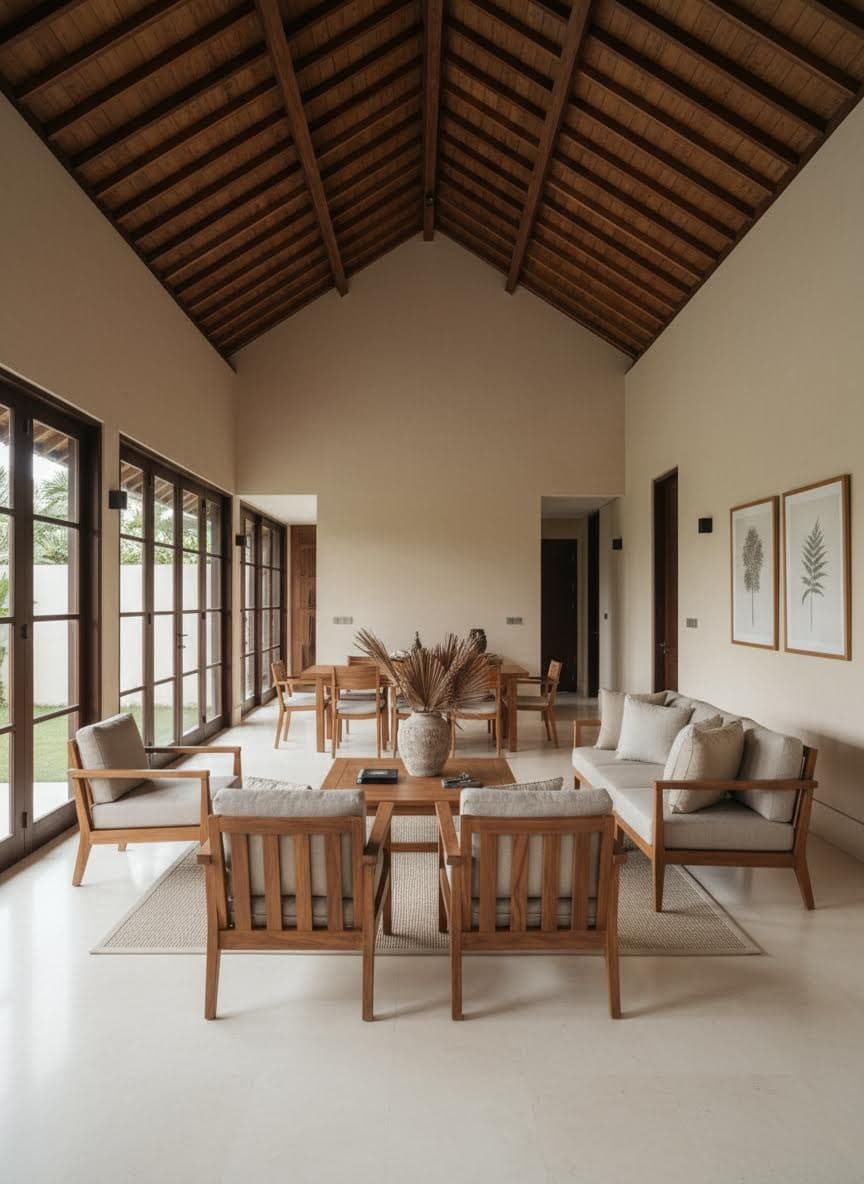 Modern Tropical Villa Interior with Teak Beams