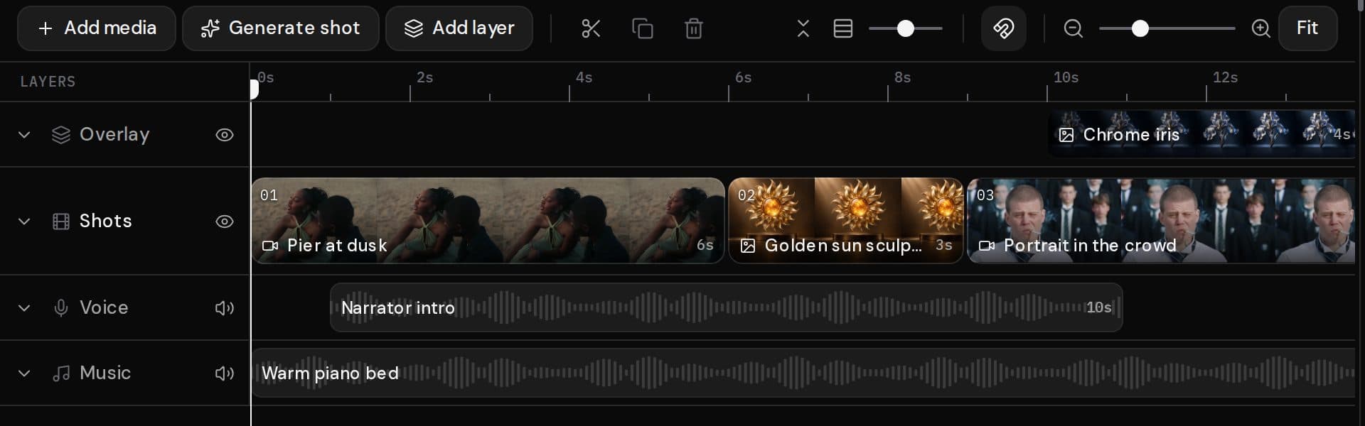 Recorded timeline with video shots, an image overlay, narration and a music track
