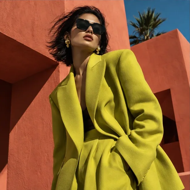 Fashion portrait in a chartreuse jacket against coral architecture