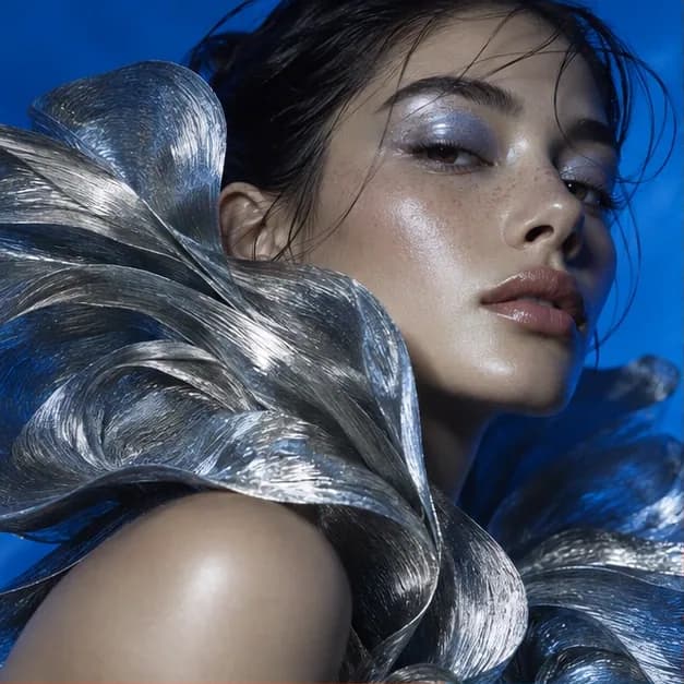 Editorial portrait with sculptural silver fabric and cobalt lighting