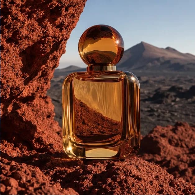Amber perfume bottle photographed on red volcanic stone
