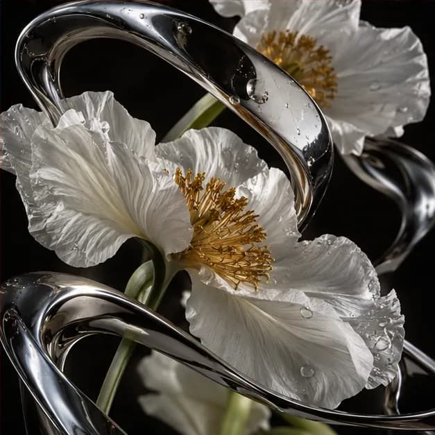White flowers wrapped in chrome ribbons against a dark background