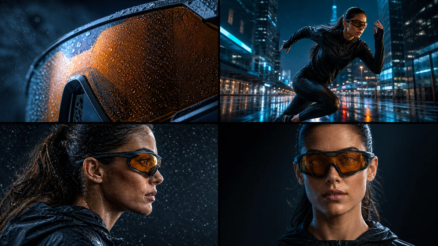 Four cinematic frames of one female athlete wearing consistent amber sports goggles