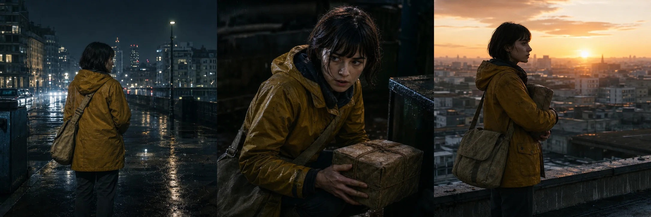 Three cinematic storyboard frames of a woman in a mustard raincoat moving through a rainy city
