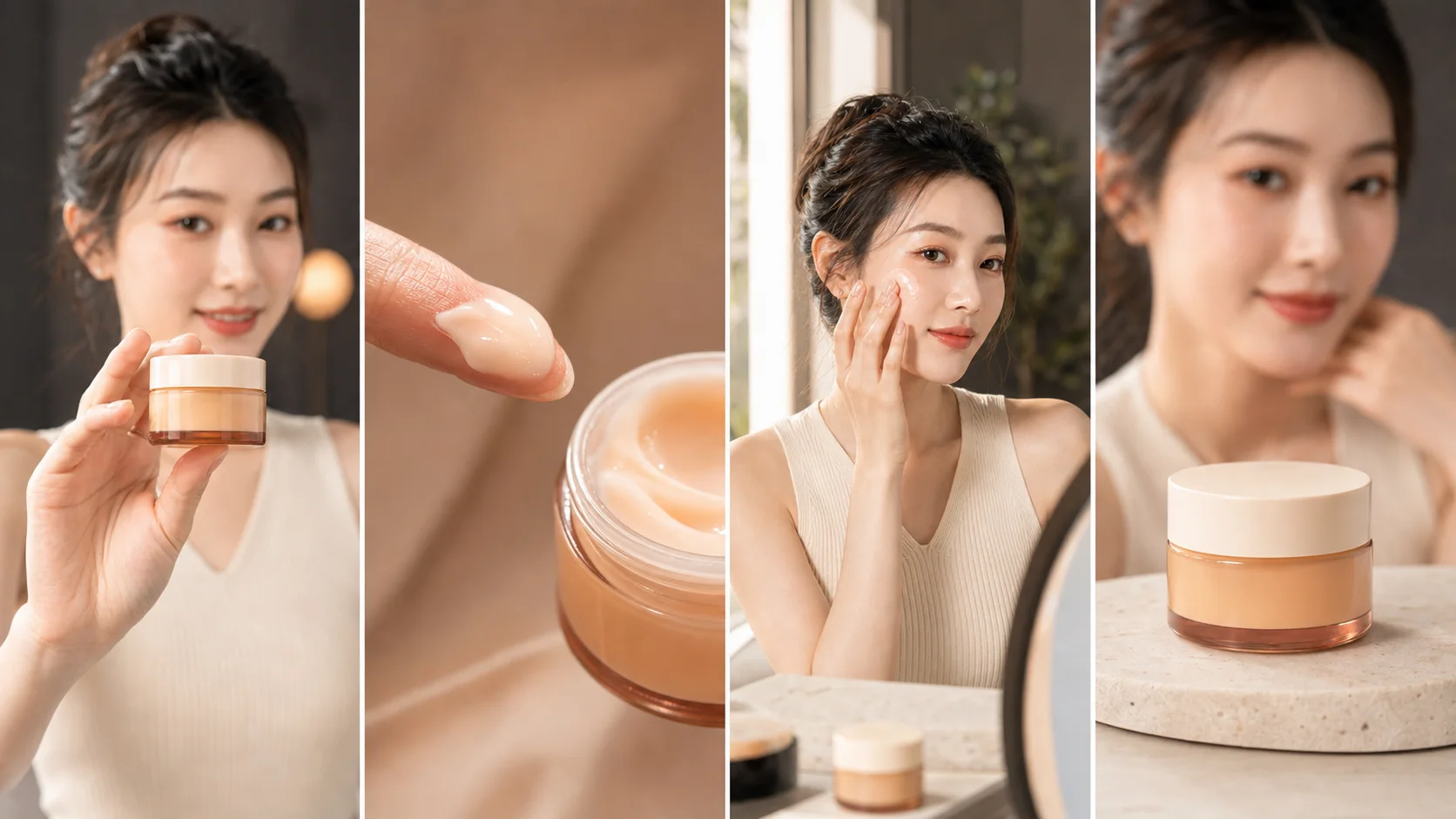 Four vertical-video storyboard panels showing the same creator, cream jar, product texture, application, and hero shot