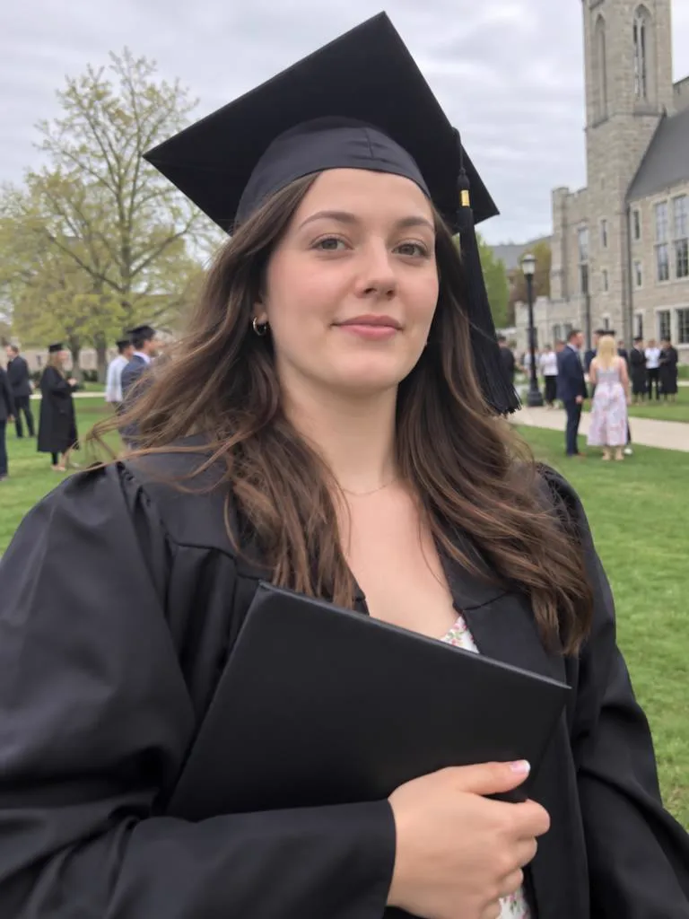 Take 2: the same graduation photo after a retake, her eyes open and a proud smile
