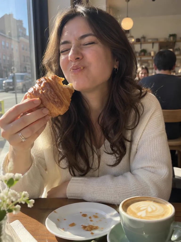 Take 1: a woman at a sunny café table caught mid-bite of a croissant, eyes squeezed shut